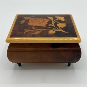 REUGE WOODEN MUSIC BOX INLAID FLORAL AND LEAVES MADE IN ITALY PLAYS “TOMORROW”